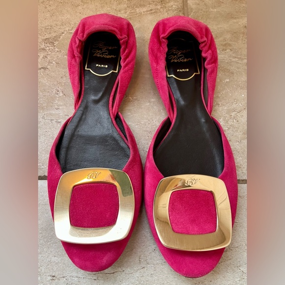 Roger Vivier hot pink/fuchsia suede ballerina d'orsay flats Size 37 or 6.5/7 US - Picture 3 of 9